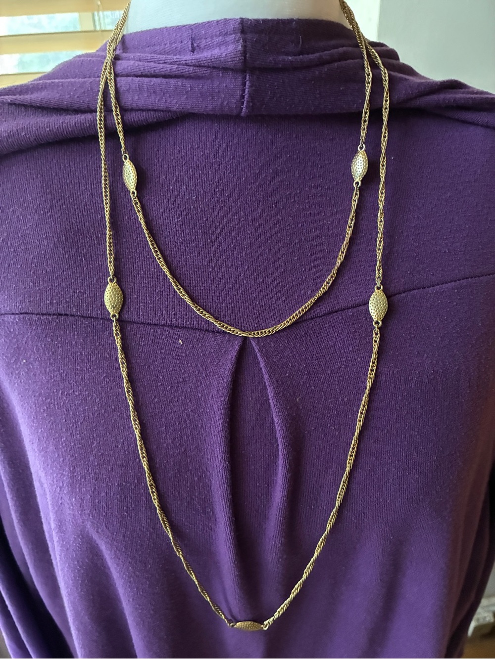 Vintage Signed Monet Gold Tone 28" Station Necklace Textured Oval & Rope Links